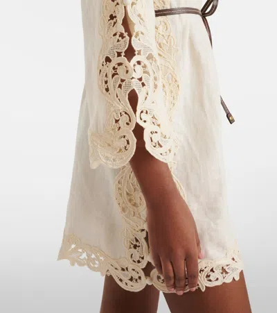 Zimmermann Awaken Long Sleeve Lace Trim Linen Minidress In Neutral