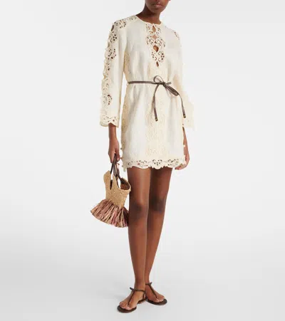 Zimmermann Awaken Long Sleeve Lace Trim Linen Minidress In Neutral