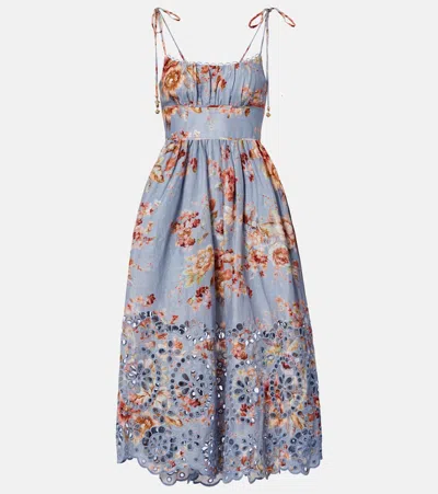 Zimmermann Womens Chambray Floral Awaken Picnic Floral Linen Midi Dress Xxs In Blue