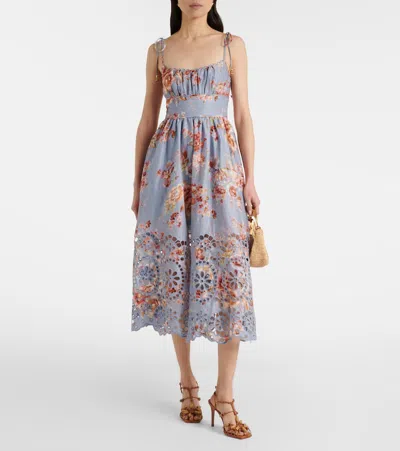 Zimmermann Womens Chambray Floral Awaken Picnic Floral Linen Midi Dress Xxs In Blue