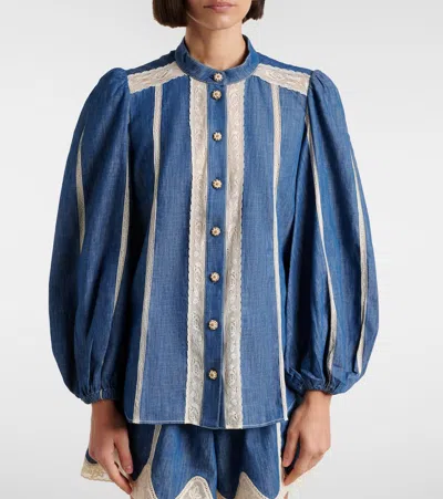 Zimmermann Awaken Lace-trimmed Denim Shirt In Blue