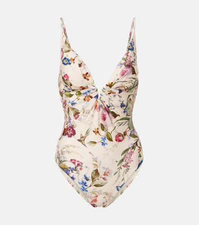 Zimmermann Womens Vanilla Floral Patience Tuck Plunge Floral One-piece Swimsuit In White