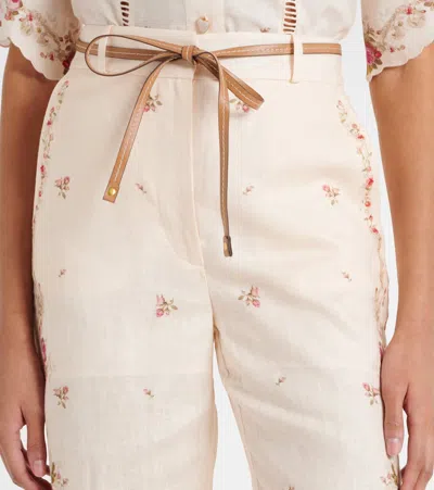 Zimmermann Patience Floral Linen Flared Pants In White