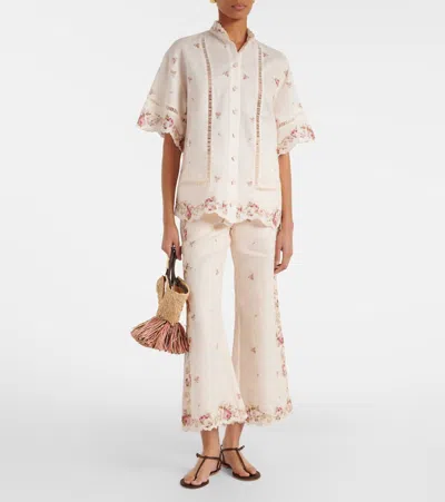 Zimmermann Patience Floral Linen Flared Pants In White