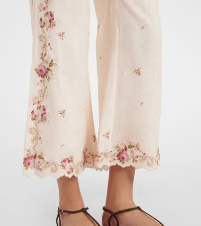 Zimmermann Patience Floral Linen Flared Pants In White