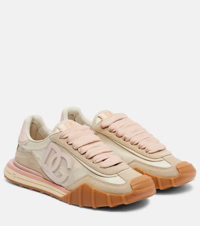 Dolce & Gabbana Dg Athletic Sneakers In Ivory And Pink Fabric And Leather In Multi