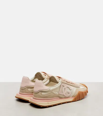 Dolce & Gabbana Dg Athletic Sneakers In Ivory And Pink Fabric And Leather In Multi