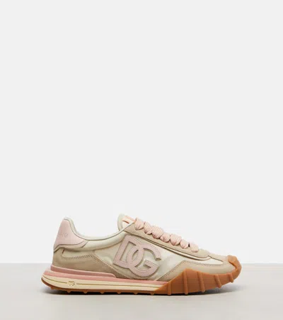 Dolce & Gabbana Dg Athletic Sneakers In Ivory And Pink Fabric And Leather In Multi