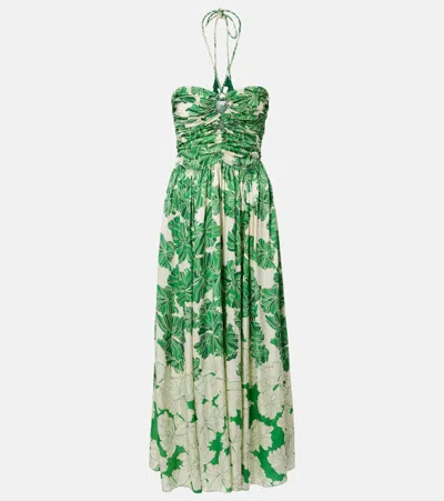Poupette St Barth Avril Floral Halterneck Satin Maxi Dress In Green