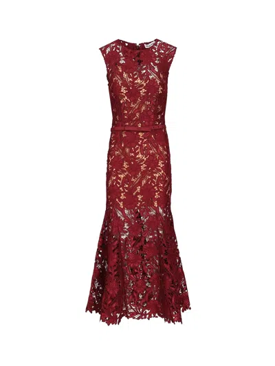 Self-portrait Fitted Guipure Lace Midi Dress With Removable Belt In Red