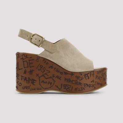 Chloé Desert Sand Beige Suede Calf Leather Maxime Wedges Sandals In Nude