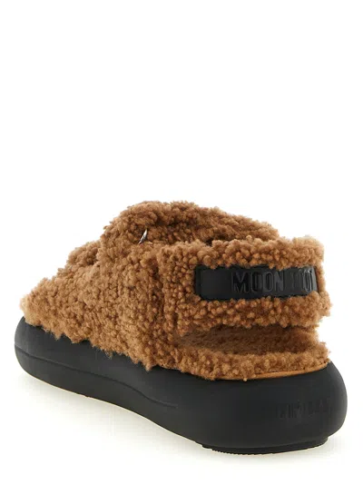 Moon Boot Shearling Sandals With Thick Sole In Brown