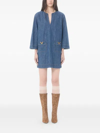 Valentino Vlogo Signature Denim Dress Three Quarter Sleeves In Blue
