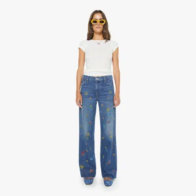 Mother Lil Rerun Zip Sneak High Rise Wide Leg Jeans In Field Of Flowers In Blue