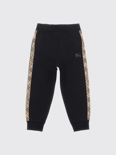 Burberry Cotton Jogging Trousers With Check Trims For Kids In Black
