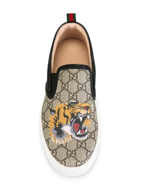 Gucci Dublin Tiger-print Leather And Canvas Skate Shoes In Neutrals ...