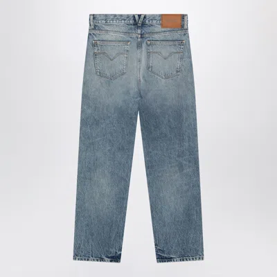Versace Blue Washed-effect Jeans With Small Studs In Blue
