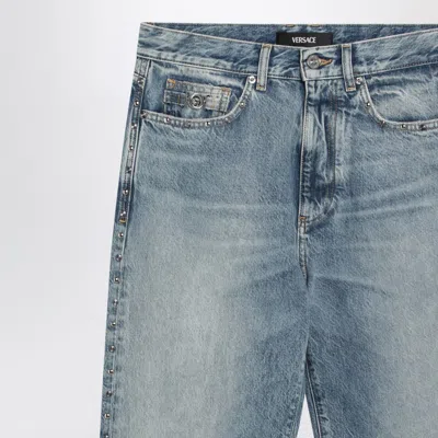 Versace Blue Washed-effect Jeans With Small Studs In Blue