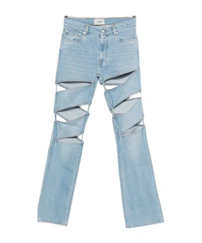 Coperni Light Blue Jeans With Cut-out Spiral Design And Logo Patch On The Rear In Denim Woman In Blue