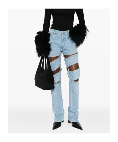Coperni Light Blue Jeans With Cut-out Spiral Design And Logo Patch On The Rear In Denim Woman In Blue