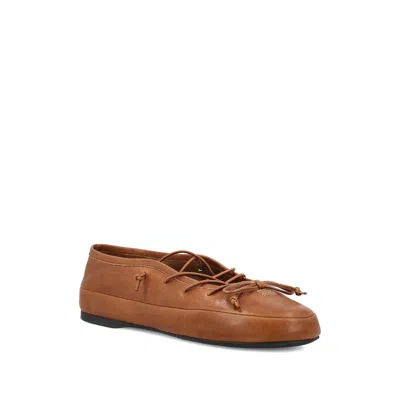 Miu Miu Leather Ballerina Shoes Flat Sole Round Toe In Brown