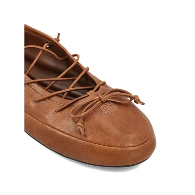 Miu Miu Leather Ballerina Shoes Flat Sole Round Toe In Brown