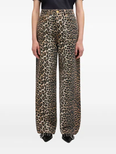 Ganni Wide-leg Animal Print High-rise Jeans With Belt Loops In Gray