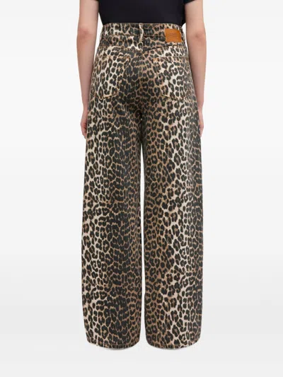 Ganni Wide-leg Animal Print High-rise Jeans With Belt Loops In Gray