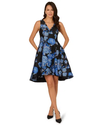 Adrianna Papell Floral Jacquard Short Fit And Flare Dress In Blue Black Multi
