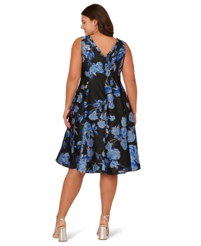 Adrianna Papell Floral Jacquard Short Fit And Flare Dress In Blue Black Multi