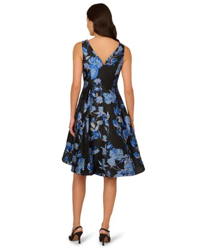 Adrianna Papell Floral Jacquard Short Fit And Flare Dress In Blue Black Multi