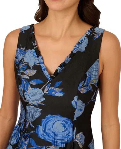 Adrianna Papell Floral Jacquard Short Fit And Flare Dress In Blue Black Multi