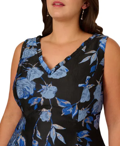 Adrianna Papell Floral Jacquard Short Fit And Flare Dress In Blue Black Multi