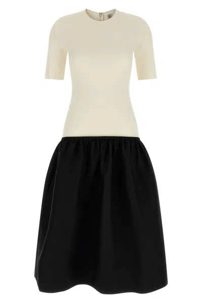 Totême Twinflower Gathered Ribbed-knit And Wool And Silk-blend Crepe Midi Dress In White