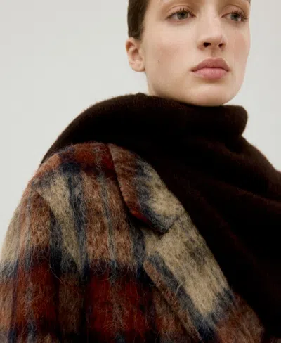 Mango Check Plaid Wool Blend Double Breasted Coat In Brown