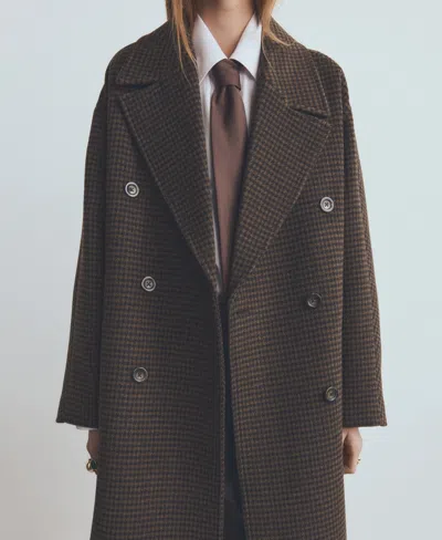 Mango Micro Houndstooth Wool Blend Double Breasted Coat In Brown
