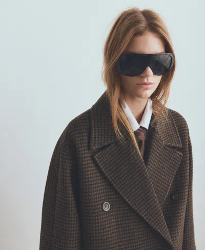 Mango Micro Houndstooth Wool Blend Double Breasted Coat In Brown