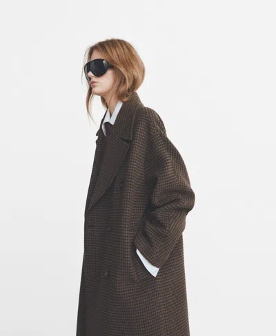 Mango Micro Houndstooth Wool Blend Double Breasted Coat In Brown