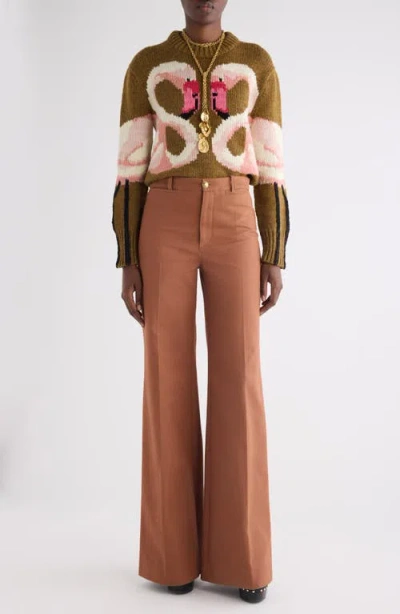 Chloé Hand Knit Flamingo Intarsia Wool Crewneck Sweater In Gold