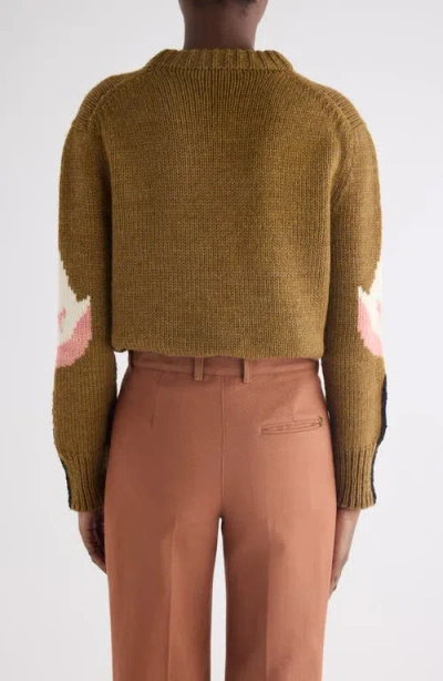 Chloé Hand Knit Flamingo Intarsia Wool Crewneck Sweater In Gold