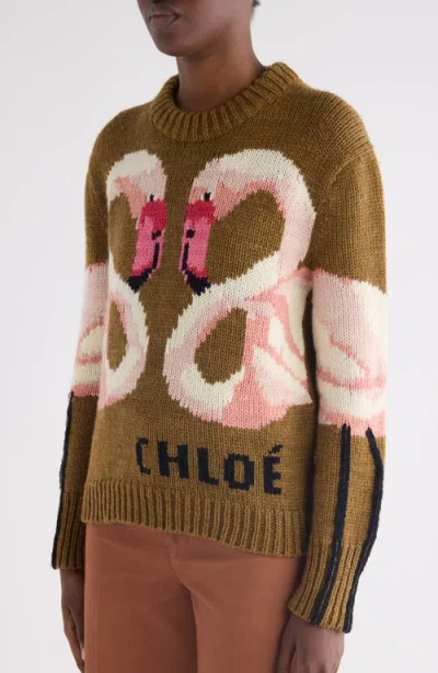 Chloé Hand Knit Flamingo Intarsia Wool Crewneck Sweater In Gold
