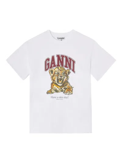 Ganni Womens Bright White Tiger-print Round-neck Cotton-jersey T-shirt Xl