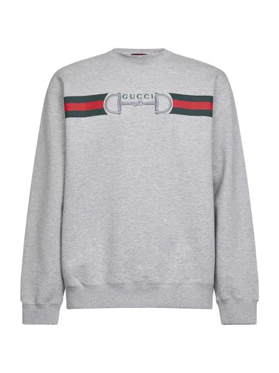Gucci Men Grey Crewneck Sweatshirt With Logo Detail On The Front In Cotton Man In Gray