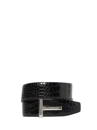 Tom Ford Reversible Crocodile Effect Belt With Metallic Buckle In Black