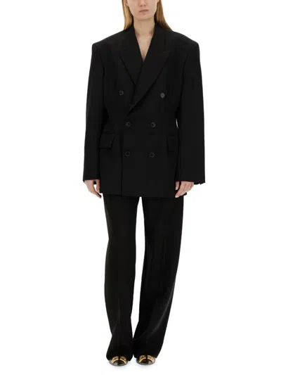 Balenciaga Cinched Double-breasted Wool Blazer In Black