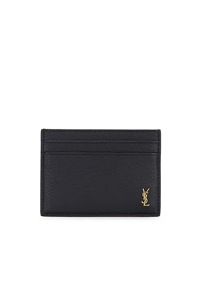 Saint Laurent Tiny Cassandre Card Case In Grained Leather In Blue