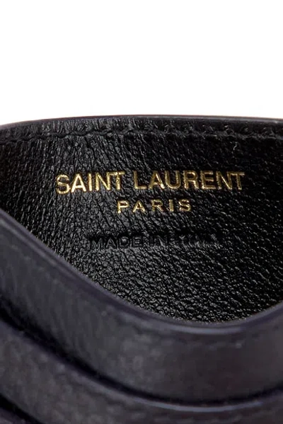 Saint Laurent Tiny Cassandre Card Case In Grained Leather In Blue