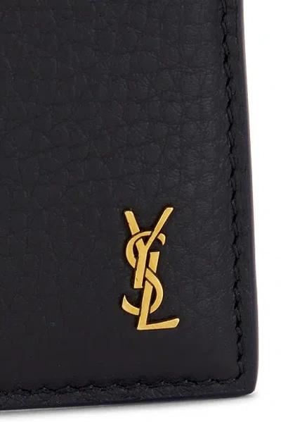 Saint Laurent Tiny Cassandre Card Case In Grained Leather In Blue