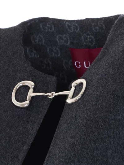 Gucci Women Black Cape With Clamp Closure On The Front And Internal Gg Motif In Wool And Silk Woman In Gray