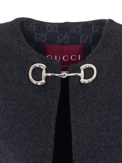 Gucci Women Black Cape With Clamp Closure On The Front And Internal Gg Motif In Wool And Silk Woman In Gray